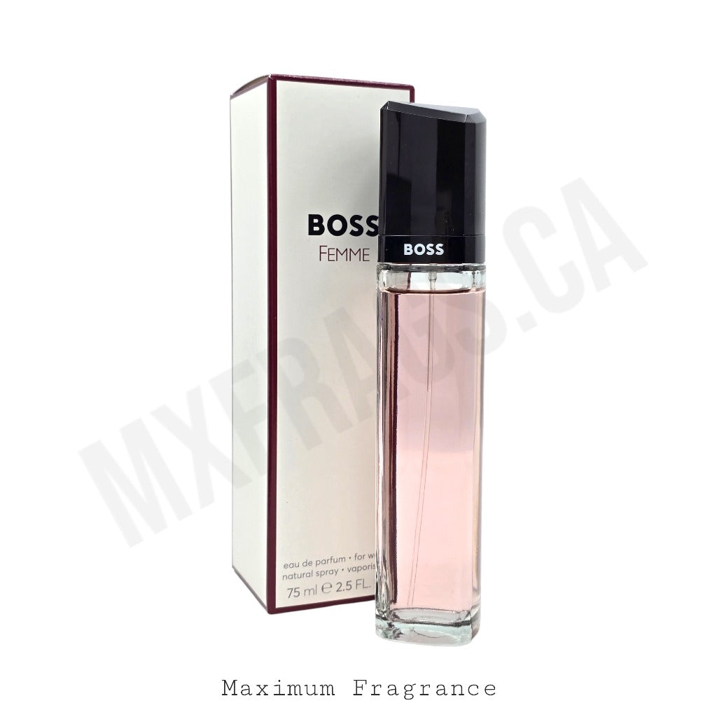 BOSS Femme Eau de Parfum 75ml spray bottle with its original white and burgundy packaging box, shown against a white background with a faint watermark.