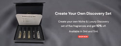 Niche and luxury discovery set with five fragrance vials and a box on a gray background.