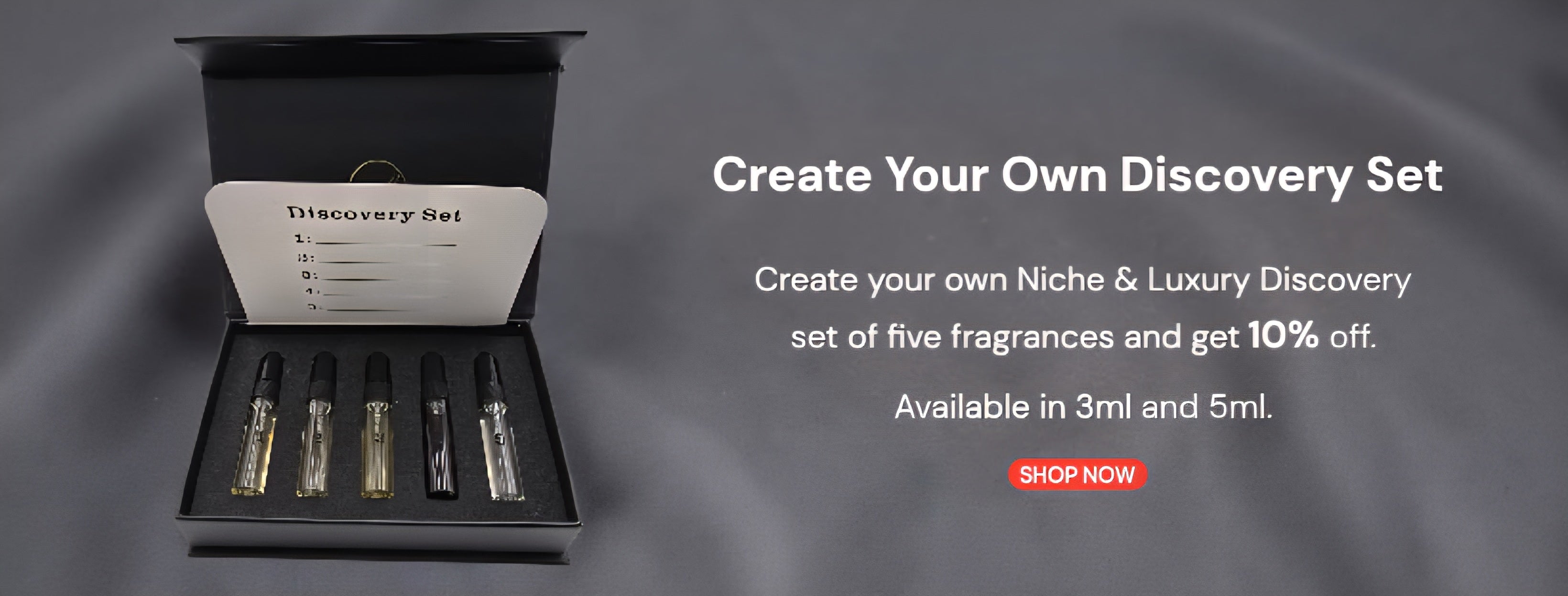 Niche and luxury discovery set with five fragrance vials and a box on a gray background.