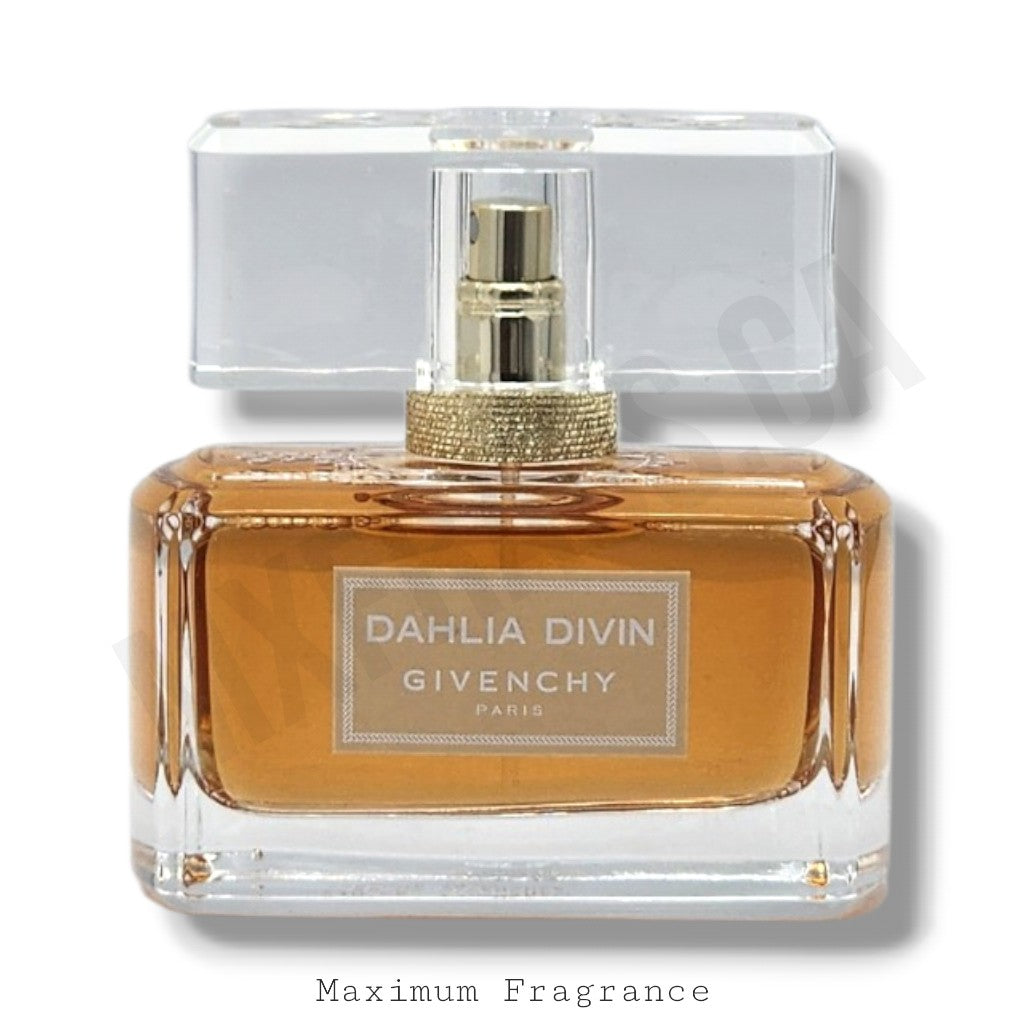 A bottle of Givenchy Dahlia Divin perfume with amber-colored liquid inside a clear glass bottle, featuring a gold spray nozzle and a clear cap, shown on a white background with a faint watermark.